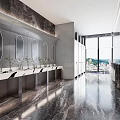 Modern Public Restroom with Multiple Sinks Oval Mirrors Marble Countertops Large Windows and City View