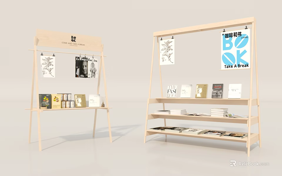 Modern Wooden Display Shelves With Books Art Prints And Hanging Posters 3d model 