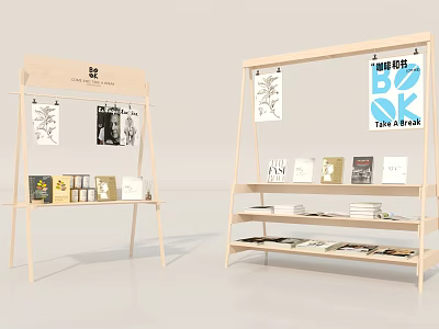 Modern Wooden Display Shelves With Books Art Prints And Hanging Posters 3d model