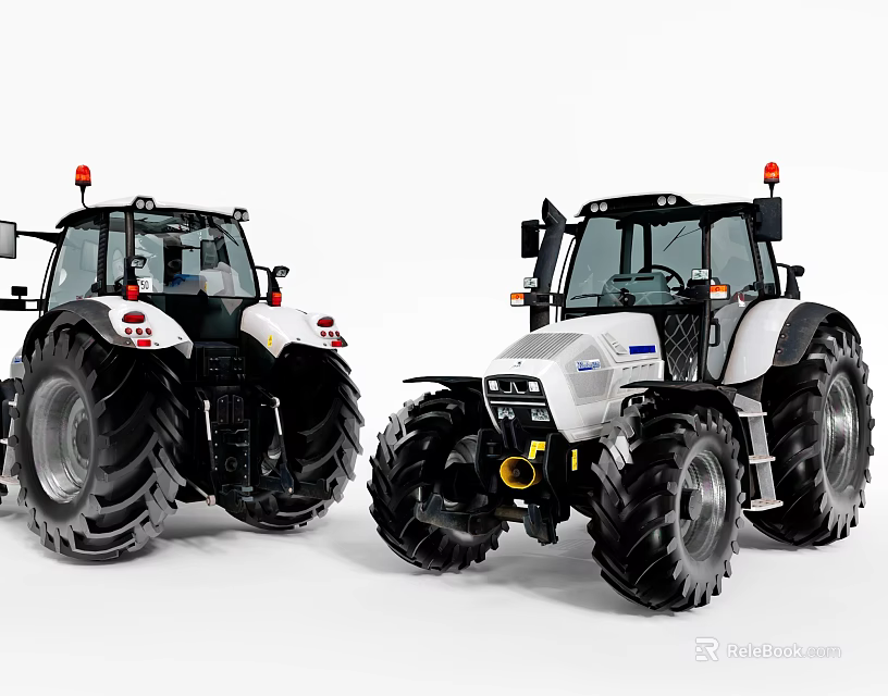 White Functional Tractors With Large Tires Red Warning Lights And Modern Cabs 3d model 