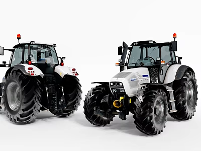 White Functional Tractors With Large Tires Red Warning Lights And Modern Cabs 3d model