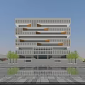 Modern Multi Story Library Building With White Facade Water Pool And Trees 3d model