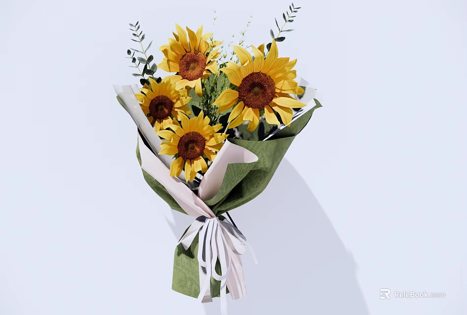 Decorative Ornament Set Featuring Sunflowers in Green White Wrapping with White Ribbon 3d model 