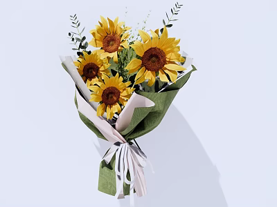 Decorative Ornament Set Featuring Sunflowers in Green White Wrapping with White Ribbon 3d model