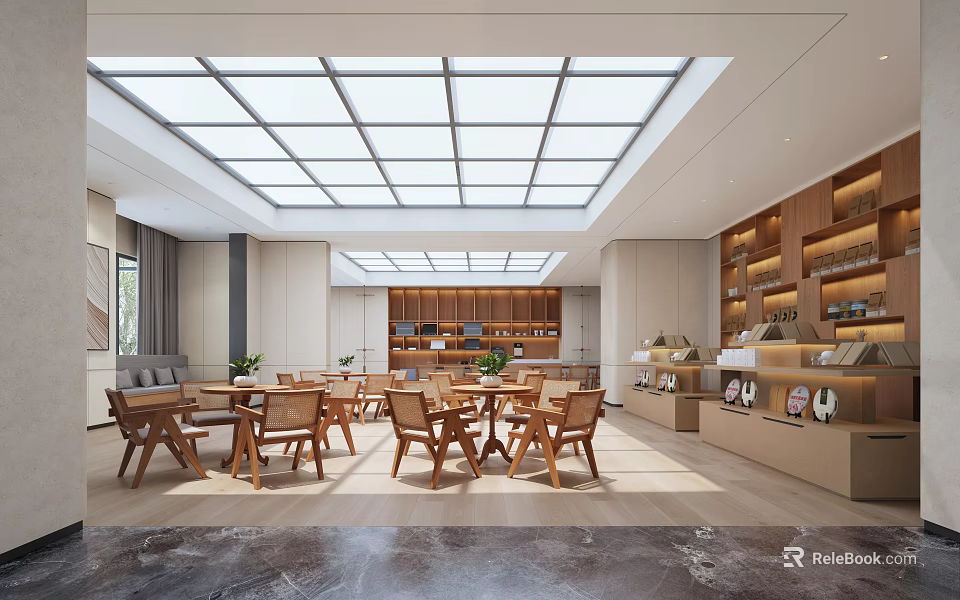 Modern Public Office Space With Glass Skylight Wooden Tables And Bookshelves 3d model 