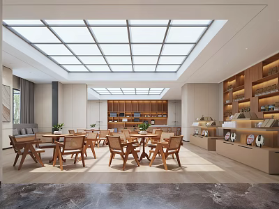 Modern Public Office Space With Glass Skylight Wooden Tables And Bookshelves 3d model