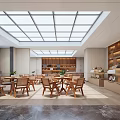 Modern Public Office Space With Glass Skylight Wooden Tables And Bookshelves