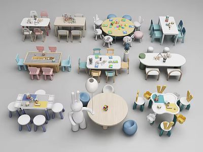Colorful Wooden Kids Table With Matching Chairs For Play And Learning Activities 3d model