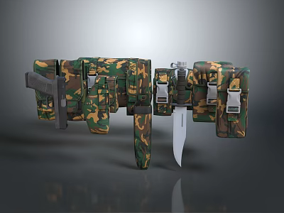 Military Style Tactical Camouflage Gear With Utility Belt And Functional Knife 3d model