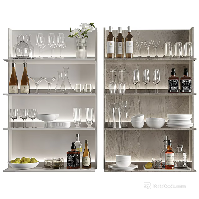 Organized Kitchen Shelves With Wine Glasses Bottles Bowls Plates And Fruits 3d model 