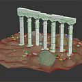 Detailed White Roman Columns Model Display On Sandy Base With Rocks