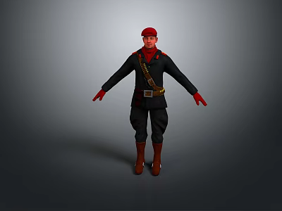 Man In Black Uniform With Red Hat Golden Belt And Brown Boots On Gray Background 3d model