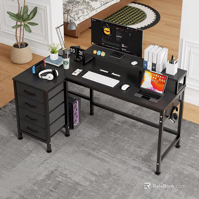 Functional Home Office Desk With Computer Monitor Laptop Keyboard Mouse And Storage Drawers 3d model 