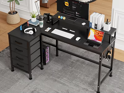 Functional Home Office Desk With Computer Monitor Laptop Keyboard Mouse And Storage Drawers 3d model