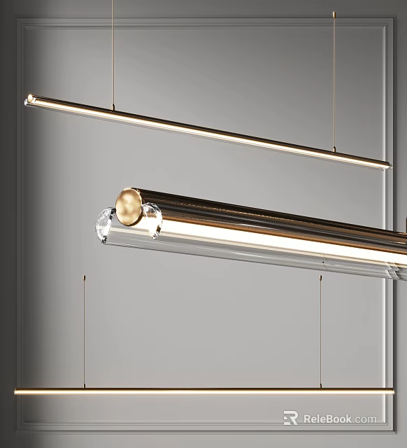 Modern Linear Metal Chandelier with Golden Finish and Transparent Crystal Decor for Dining Room Design 3d model 