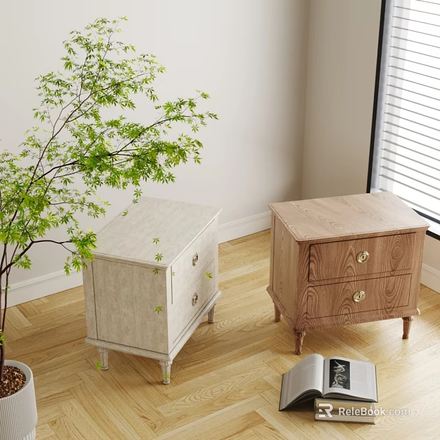 Light and Wooden Bedside Tables with Drawers and Smooth Finish Near Green Plant by Window 3d model 