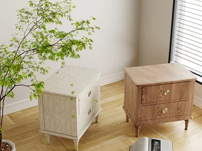 Light and Wooden Bedside Tables with Drawers and Smooth Finish Near Green Plant by Window 3d model