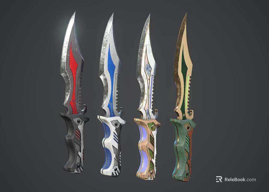 Decorative Knives Featuring Intricate Blade Patterns And Colorful Handles Design 3d model 