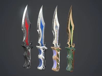Decorative Knives Featuring Intricate Blade Patterns And Colorful Handles Design 3d model
