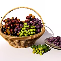 Wicker Basket Filled With Fresh Green And Purple Grapes And Plate