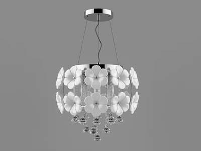 Elegant Unique Shaped Chandelier With White Petal Design And Crystal Pendants 3d model