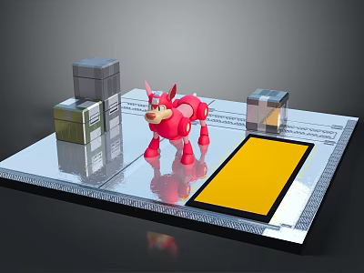 Red Animal Character on Platform with Colored Cubes and Yellow Rectangle 3D Scene 3d model