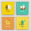 Colorful Decorative Banners With Cartoon Characters And Themed Labels For Holiday Decor