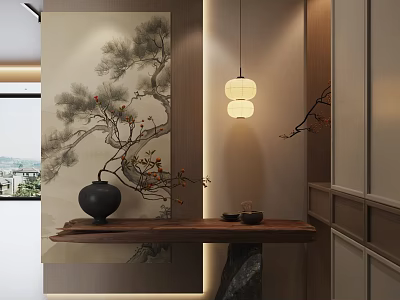 Chinese Style Interior Design With Landscape Painting Wooden Console Table Black Vase And Lantern Light 3d model