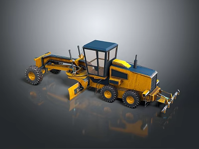 Yellow Blue Agricultural Grader with Cabin Large Tires and Blade 3d model