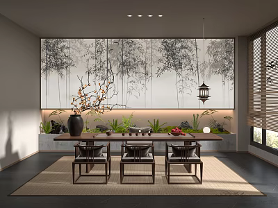 Traditional Tea Room Interior With Bamboo Painting Long Table Tea Sets And Hanging Lantern 3d model