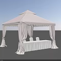Elegant White Canopy Tent With Scalloped Edges Draped Curtains And White Fabric Covered Table