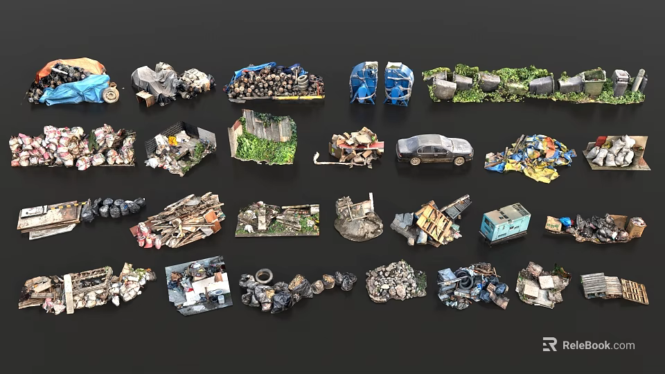 Miniature Waste Models Collection With Garbage Scrap Debris Vehicles And Barrels 3d model 