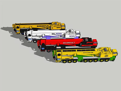 Multiple Colored ADVANCE Brand Utility Crane Trucks In Yellow White Red Green 3d model