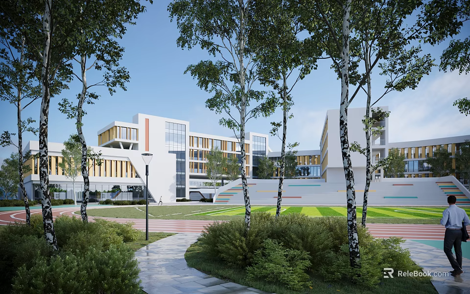 Modern School Building Campus With Lush Trees Green Lawns And Walking Paths 3d model 