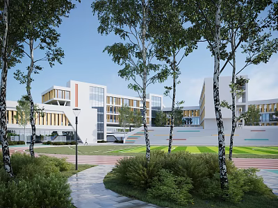 Modern School Building Campus With Lush Trees Green Lawns And Walking Paths 3d model