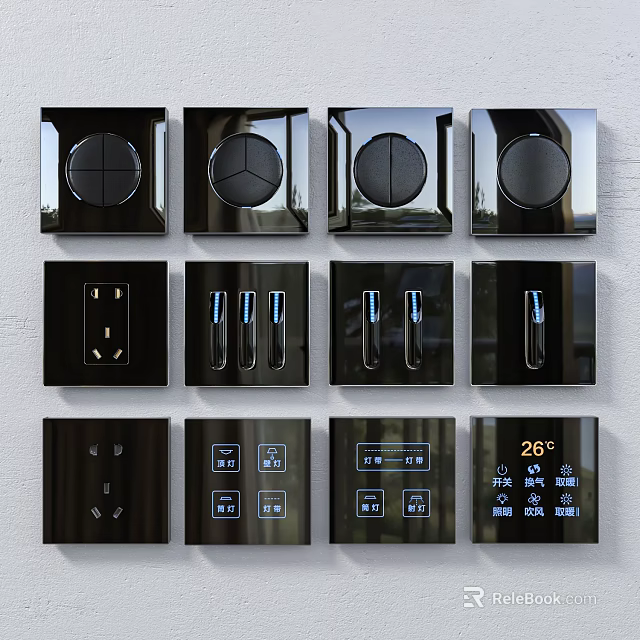 Black Electrical Switch Socket Panels With Various Designs And Digital Temperature 3d model 