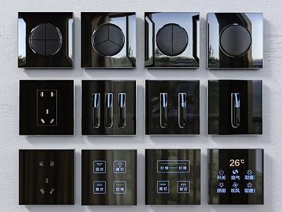 Black Electrical Switch Socket Panels With Various Designs And Digital Temperature 3d model