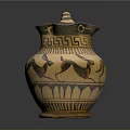 Ancient Pottery Sculpture With Lid Yellow Black Geometric Patterns And Animal Motifs