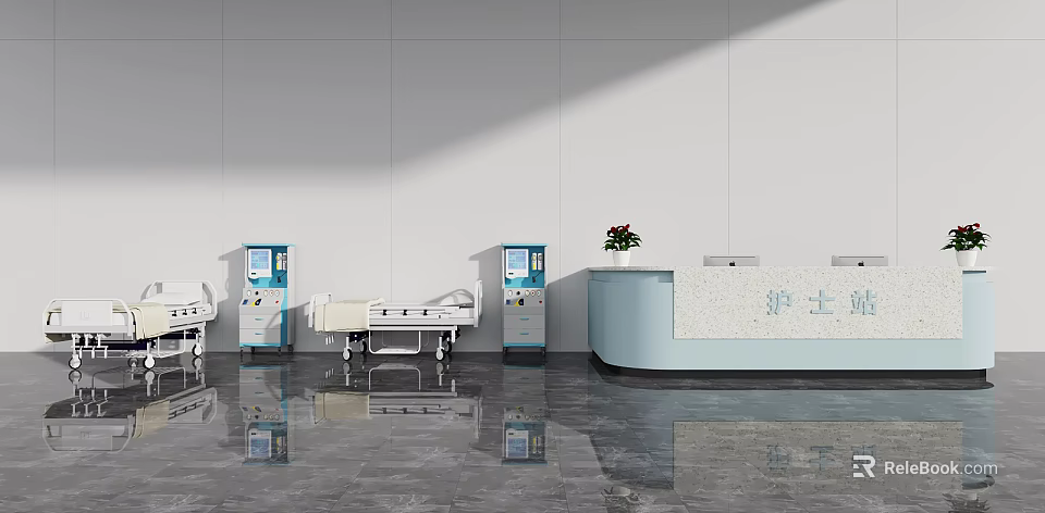 Modern Healthcare Medical Equipment Including Hospital Bed Nurse Station and Carts 3d model 