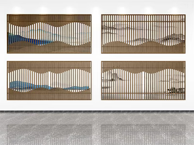 Wooden Room Dividers With Wavy Design And Landscape Patterns For Interior Decor 3d model