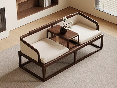 Modern Chinese Arhat Daybed With Wooden Frame White Cushions And Small Coffee Table 3d model