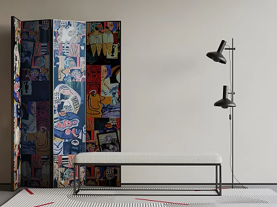 Colorful Decorative Screen With Modern Bench And Black Floor Lamp In Artistic Interior 3d model