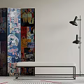 Colorful Decorative Screen With Modern Bench And Black Floor Lamp In Artistic Interior