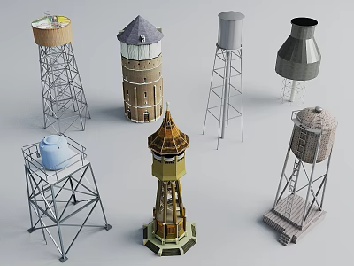 Water Tower Equipment With Various Designs Support Structures And Construction Materials 3d model