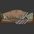 Brown Sofa With Various Patterned Pillows And Striped Blanket On Wooden Armrests