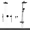Black Shower System with Handheld Overhead Heads and Controls Mounted on White Wall