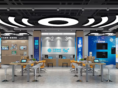 Modern Digital Store Interior With Display Counters Computers Smartphones Billboards And Seating Areas 3d model