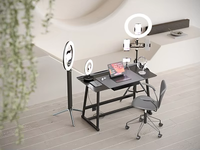 Modern Functional Desk With Laptop Office Chair Ring Light And Phone Holder 3d model