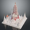 Cartoon Scene of Thai Temple Style with White Red Decorations Spires and Statue 3d model