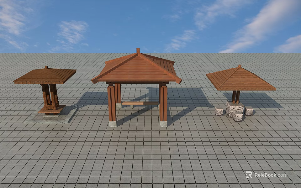 Three Wooden Pavilions With Various Roof Styles On Gray Tiled Floor And Blue Sky Background 3d model 